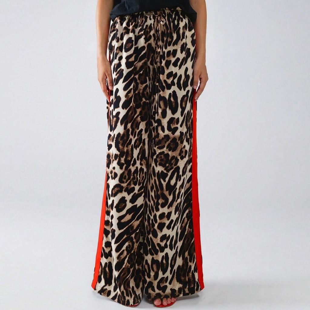 Женские повседневные брюки с завязками на шнурке, леопардовым принтом, цветными полосками по бокам, прямые широкие свободные брюки