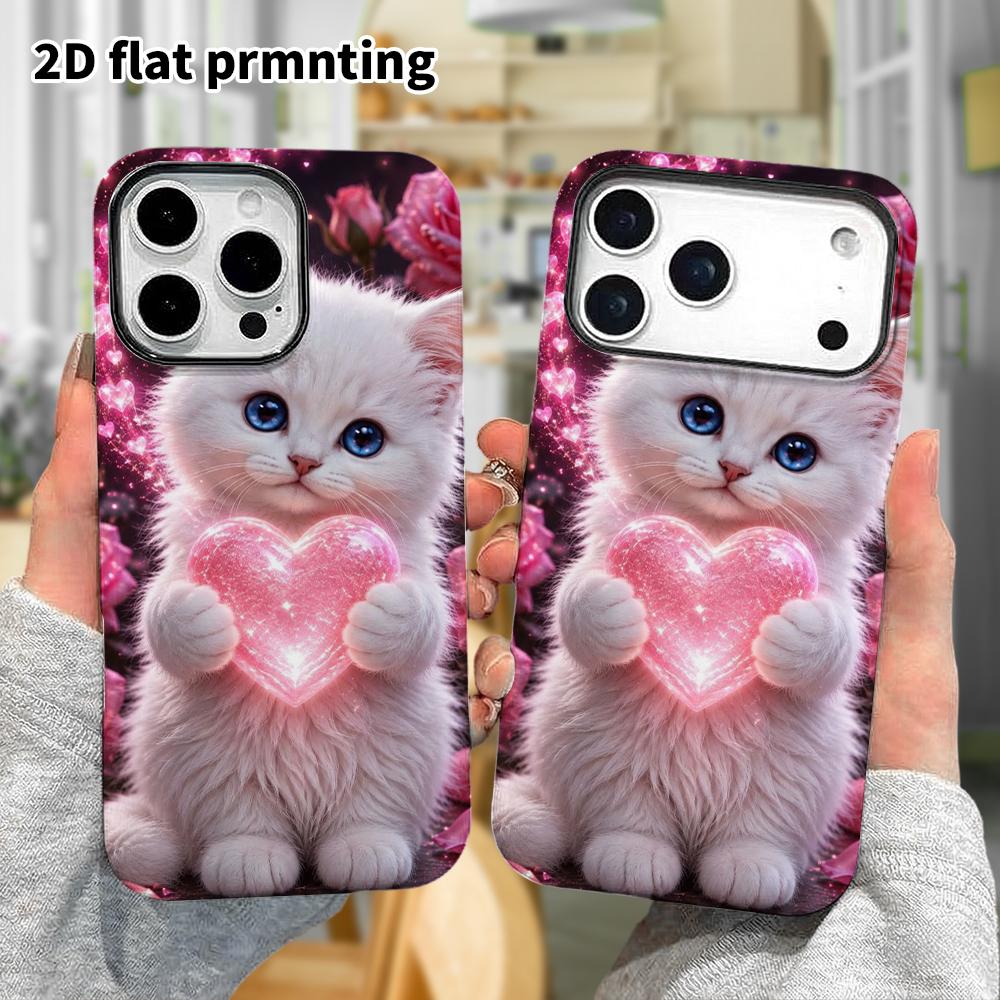 Phone Case: 2D flat design suitable for iPhone 18, 17, 16, 15, 14, 13 Pro film protective case, couple style, white kitten, Christmas and Halloween gi