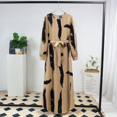 Молитва Рамадан Макси Платье Женские Повседневные Платья С Поясом Модные Длинные Рукава А-силуэта Свободные О-образным Вырезом Печатные Длинные Платья Мусульманские