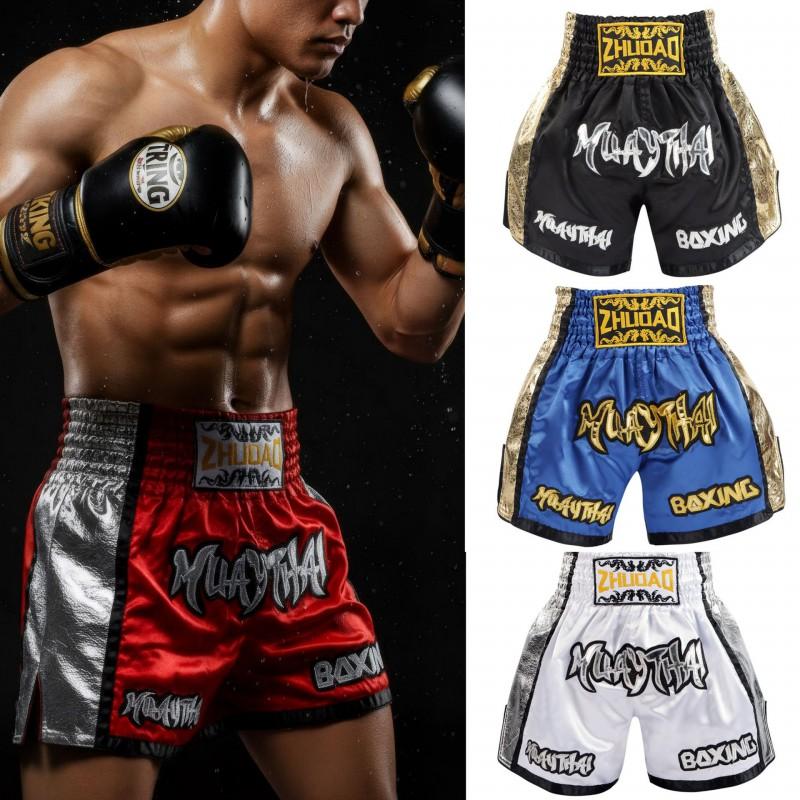 Muay Thai Shorts High Kick Training Side Shine Leather Trim Martial Arts Uniform