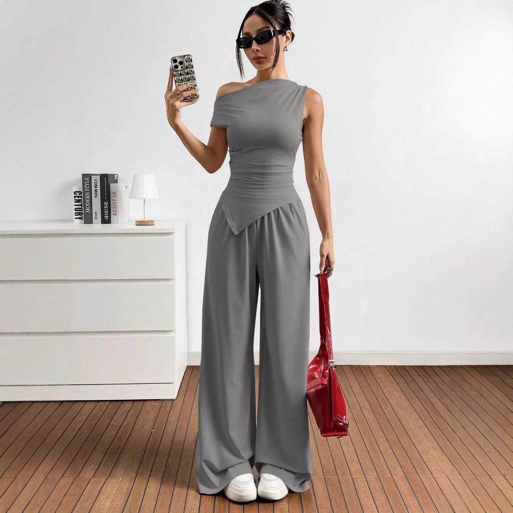 European and American women's clothing solid color sleeveless vest trousers set women's sexy casual two-piece set