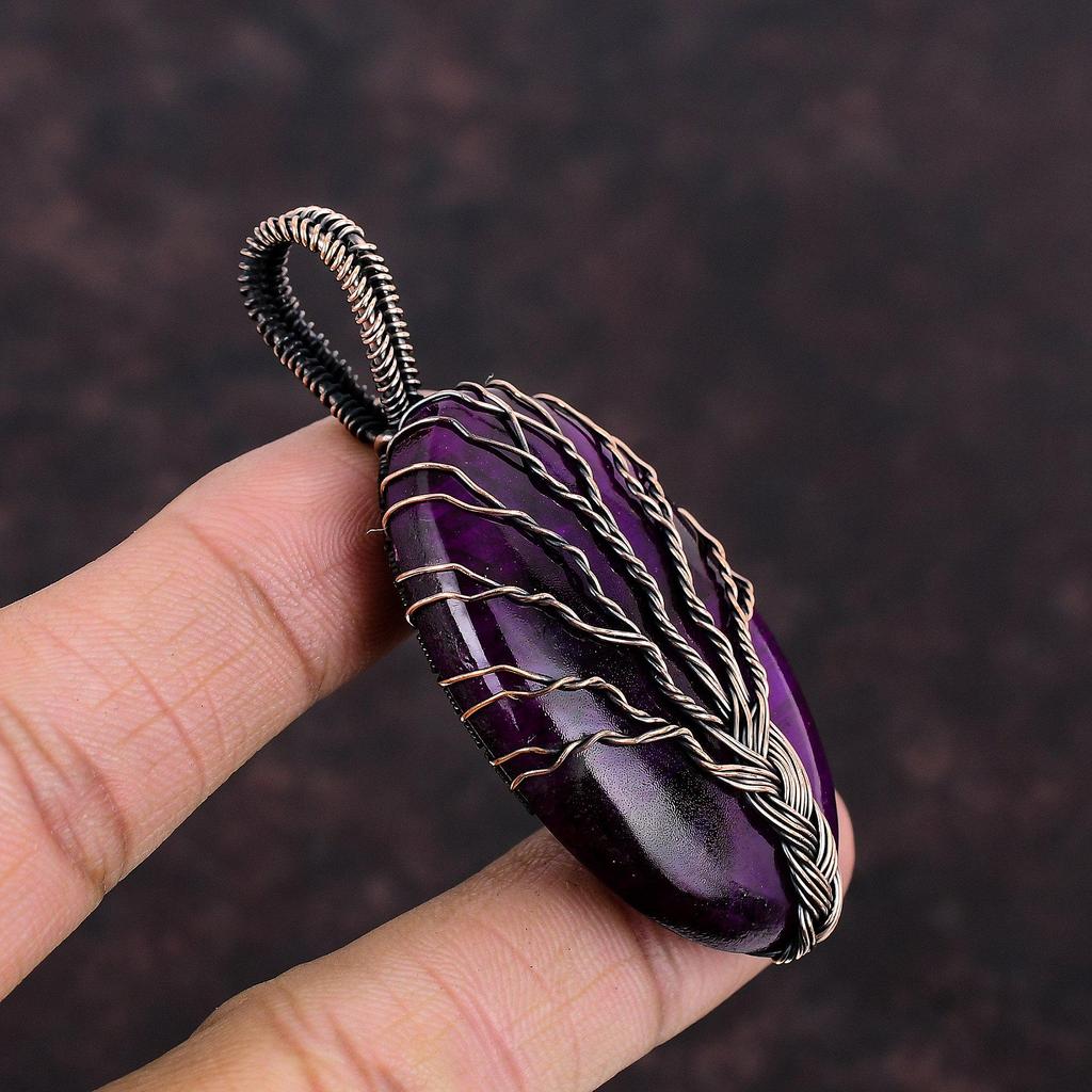 Кулон из фиолетового огненного лабрадорита «Дерево жизни», подвеска из медной проволоки, подвеска ручной работы, подвеска из медной проволоки, ювелирное изделие с драгоценным камнем для подарка