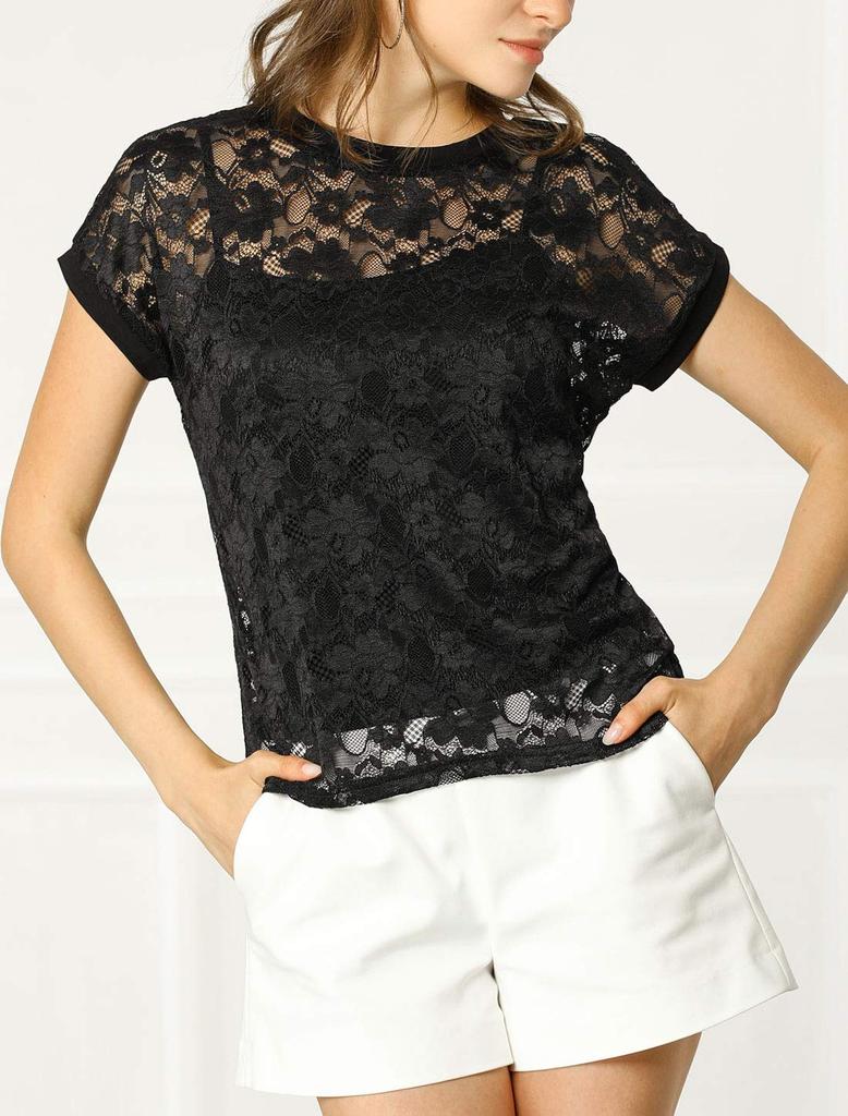 Allegra K Lace Short Floral Round Size L Women's Top, See-Through Blouse, Sleeve, Print, Neck, Thin, Black,