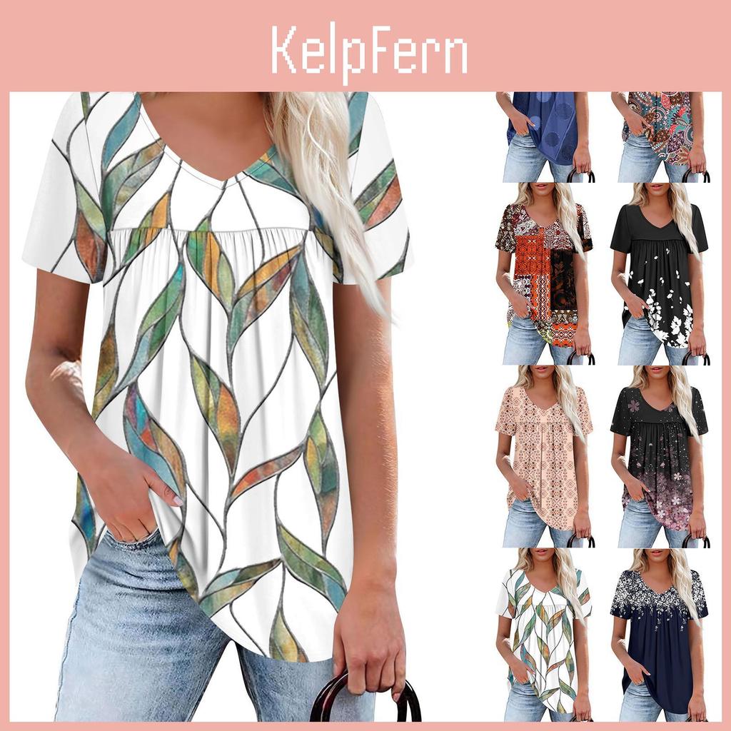 Vneck Casual Womens Short Sleeve Chest Ruffle Printed Top