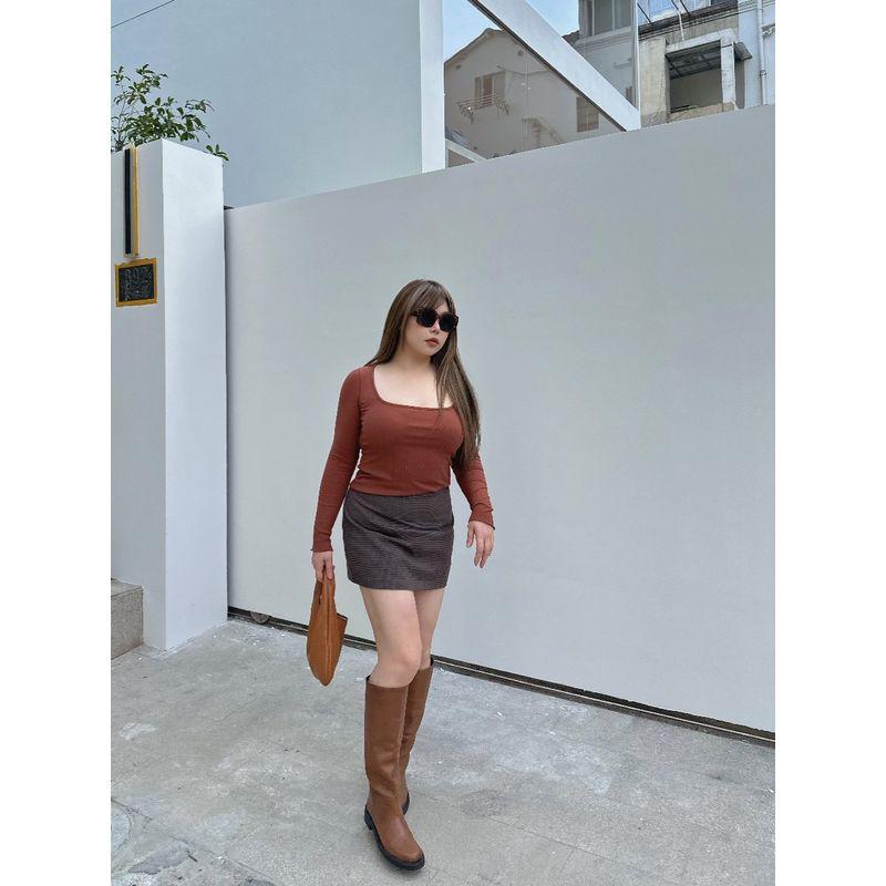 Miss Biggie European and American Plus Size Slimming Versatile Slim Fit Stretch Rib Knitted Square-Cut Collar Long Sleeves Shirt