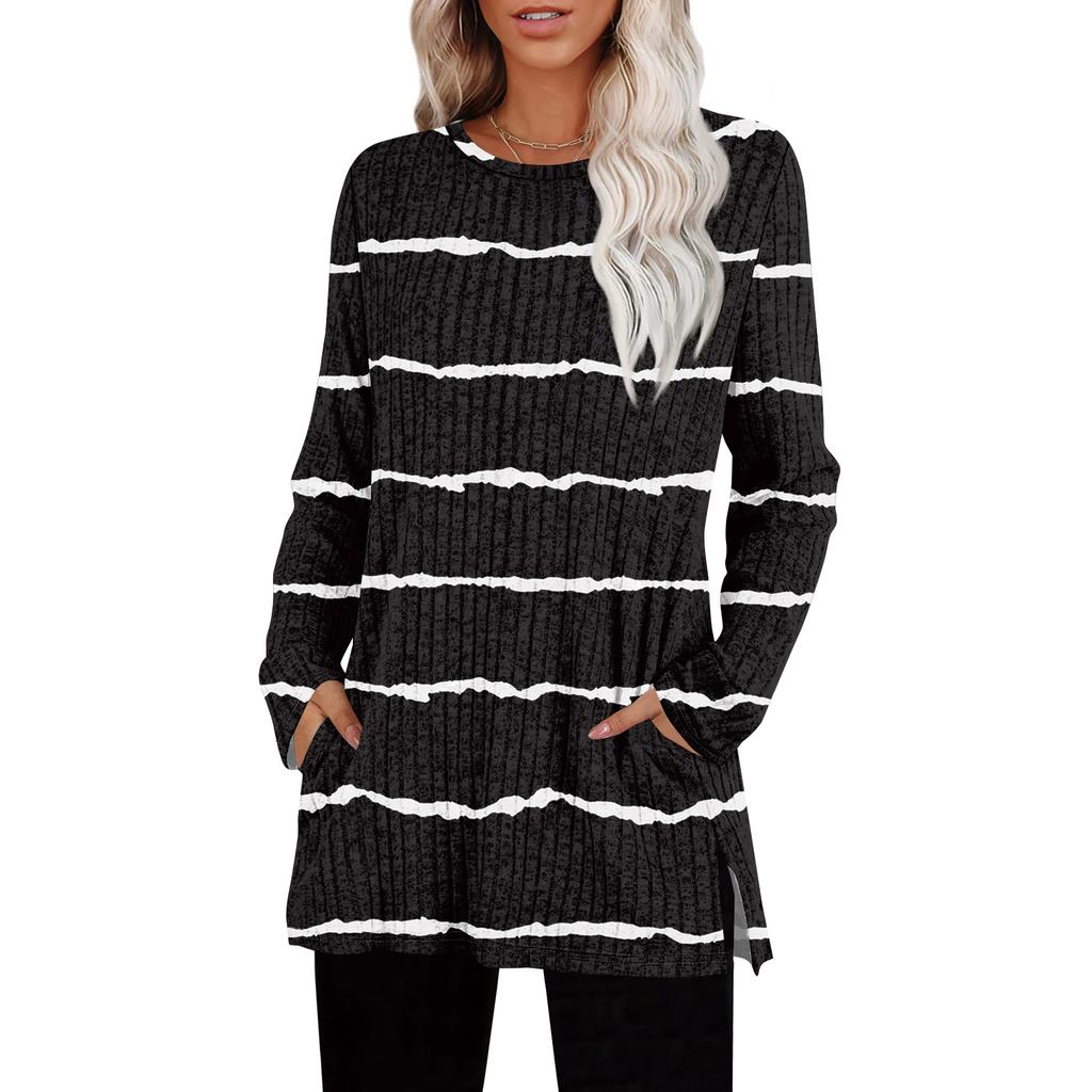 Womens Sweaters Crewneck Long Sleeve Shirts With Pockets Fall Outfits  Fashion Winter Clothing Side Slit