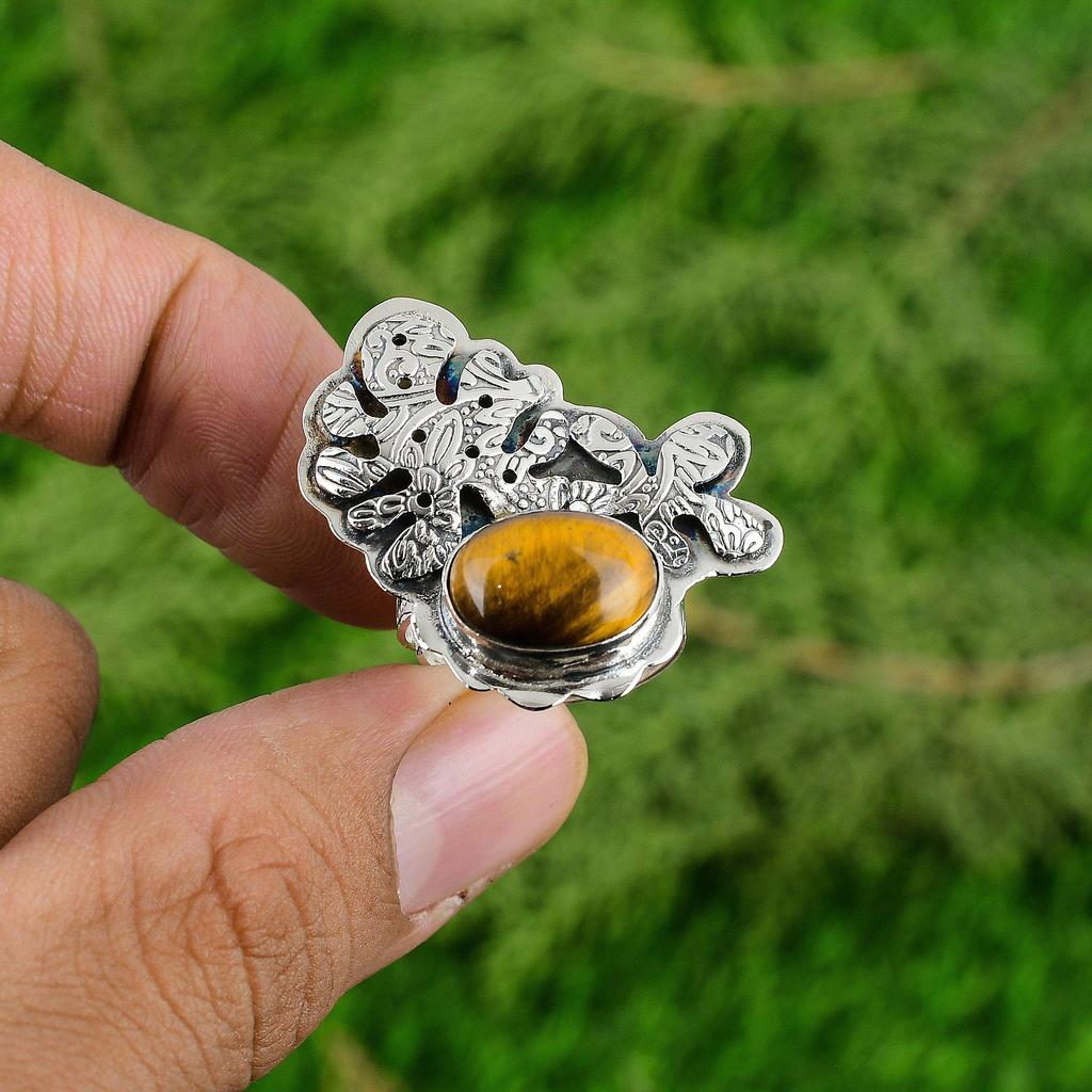 Natural TigerS Eye Gemstone Promise Adjustable Ring 925 Sterling Silver Jewelry