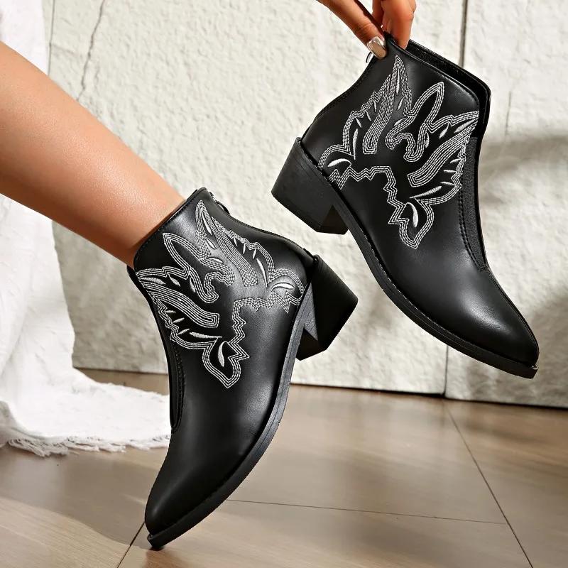 Women's Shoes Ankle Women's Boots Elegant Modern Boots Women Embroidery Pointed Toe Back Zip Med Heel Plus Size Shoes Women