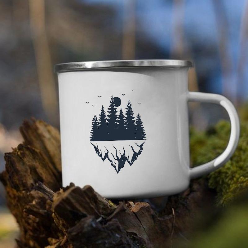 Mountain Camping Adventure Print Enamel Creative Coffee Water Milk Cups Camping Mugs Handle Drinkware Vacation Hiking Mug Gifts