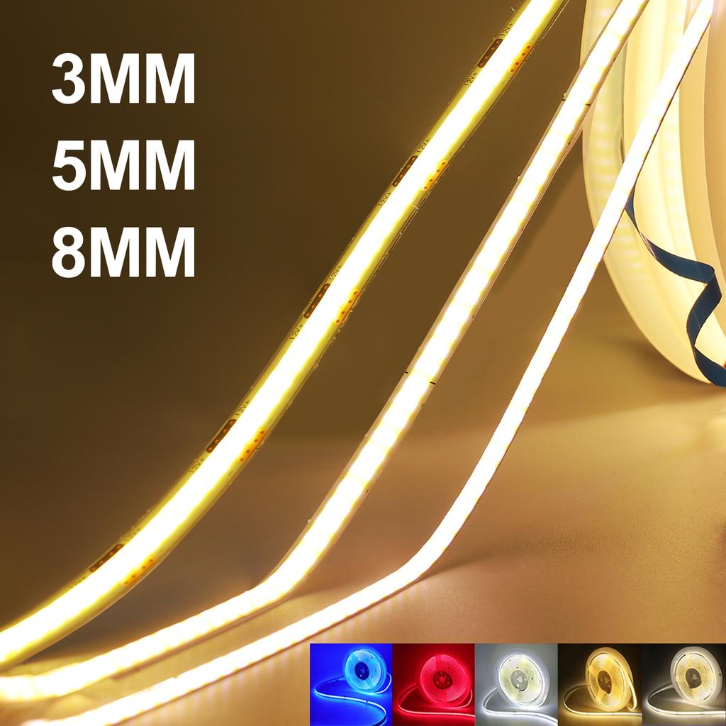 3mm 5mm 8mm Wide COB LED Strip 5V 12V 24V 320 LEDs High Density Flexible Self Adhesive Linear Lighting Tape
