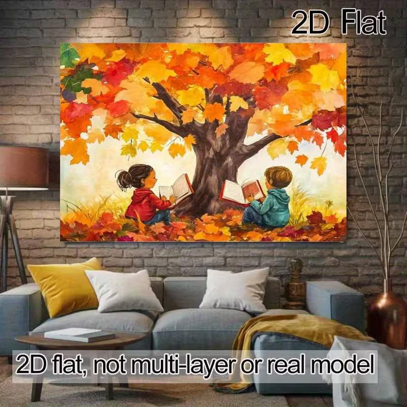 2D Autumn Reading Kids Backdrop, Fall Tree Book Scene Wall Hanging