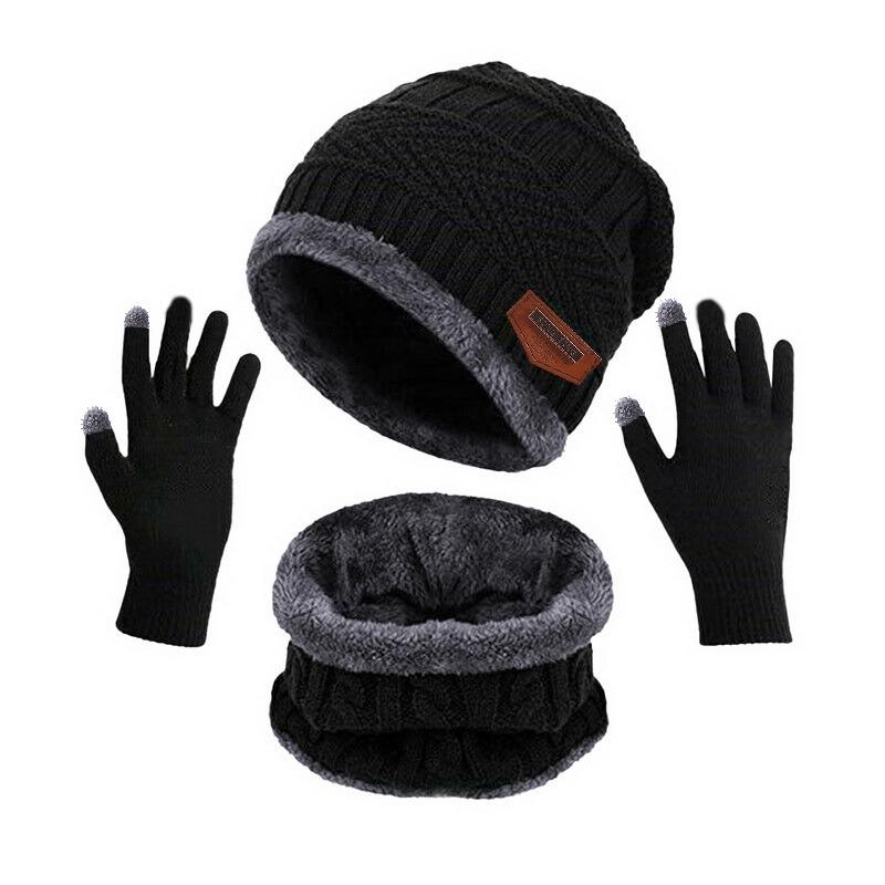 3pcs/set Fashion Plush-lined Knitted Caps Men Women's Winter Hats Scarves Touch Screen Gloves Thicken Warm Beanie Hat