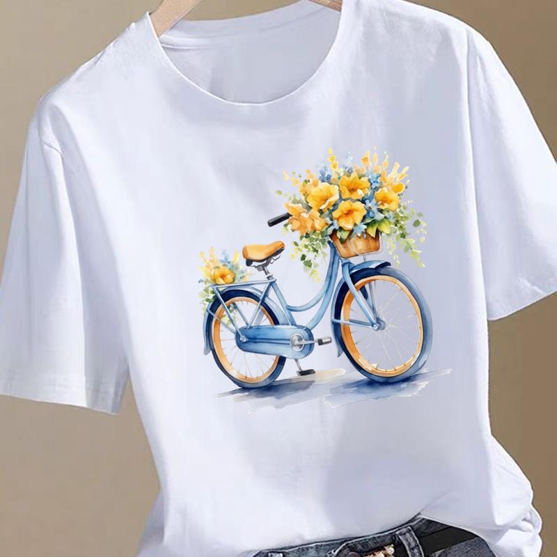 (Asian Size) sweet watercolor trend Women Fashion Print Female Clothing T Shirt Tee Top Woman Short Sleeve Graphic T-shirts