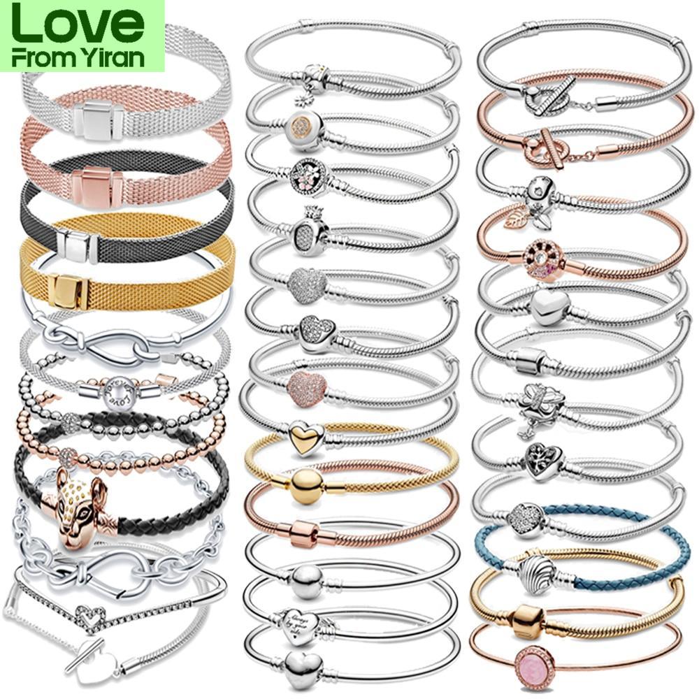 Charms Sterling Solid Tone Bracelets Heart Original Chain Sparkling Blue Disc Clasp Snake Chain Wrist Bracelet Women JewelryFashion