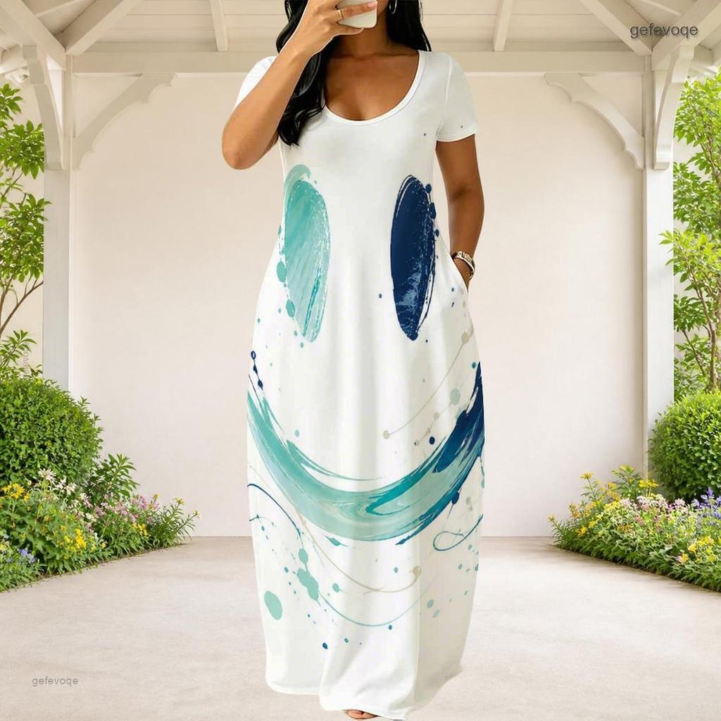 Women Plus Size Round Neck Short Sleeve Abstract Printed Loose White Long Dress With Side Pockets