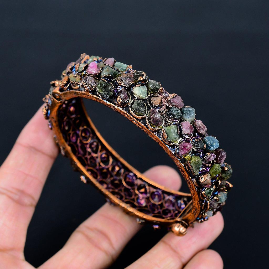 Multi-Tourmaline Cuff Bracelet Real Gemstone Bangle, Copper Electroformed Bracelet Handmade Jewelry, Adjustable Bangle For Gift Women Jewelry