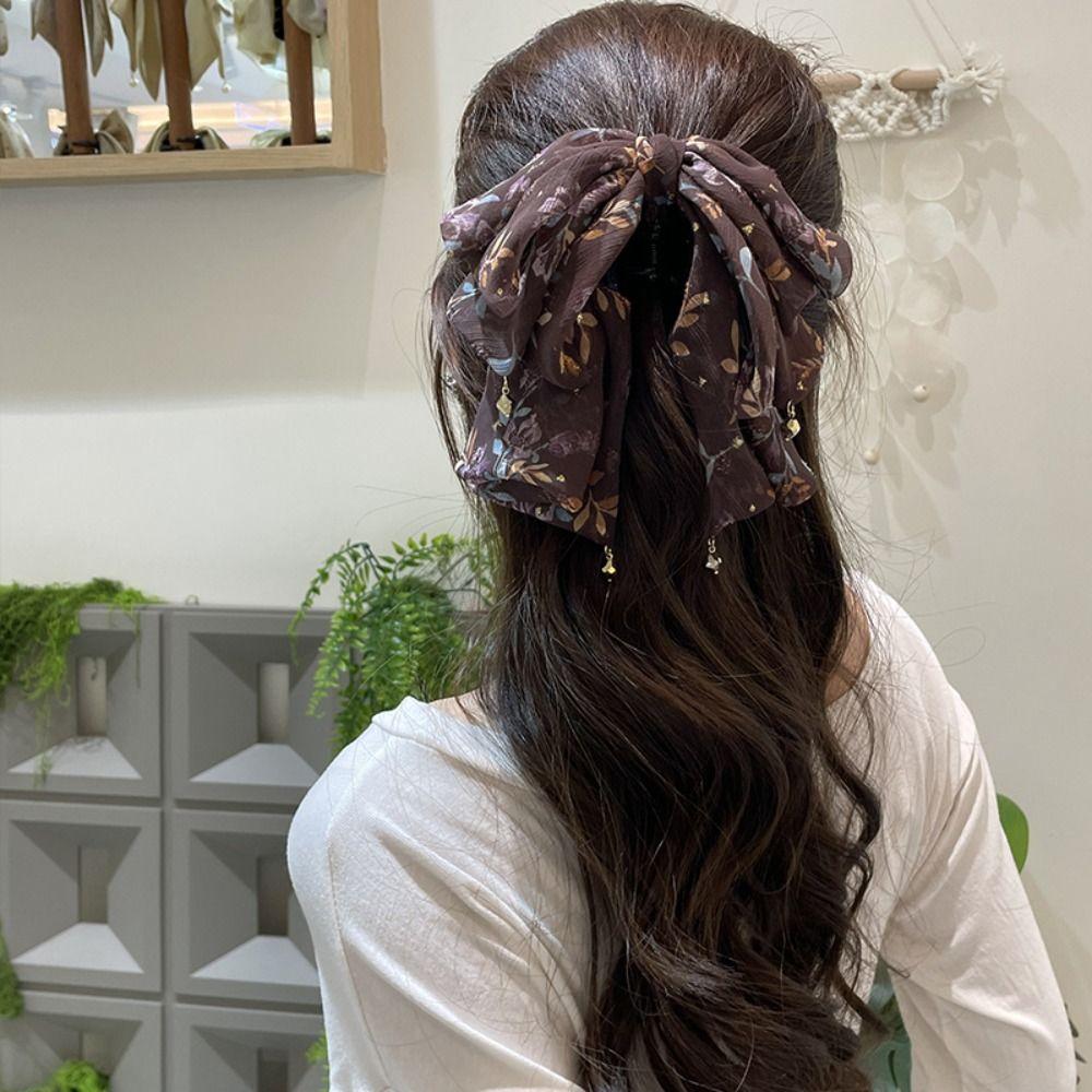 French Style Chiffon Hair Claw Large Women Hair Grab Clip Crystal Bow Shark Clip  Daily