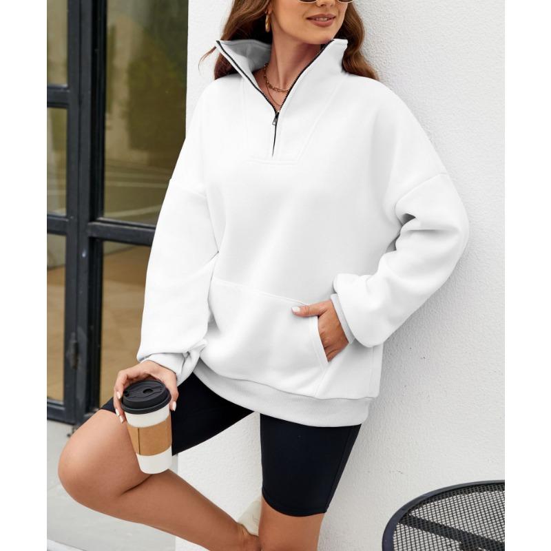 Осенне-зимняя однотонная женская свободная толстовка с воротником-стойкой на молнии