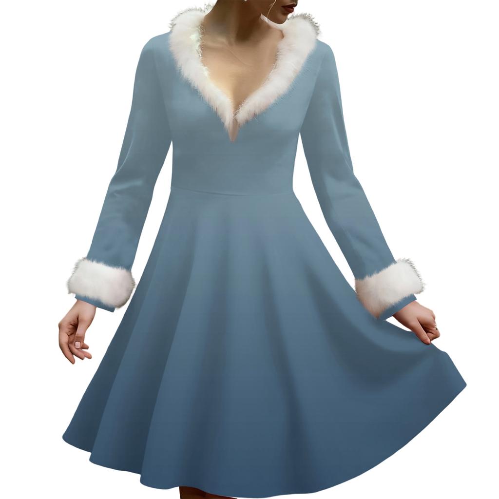 Женское повседневное платье с V-образным вырезом, рождественским принтом, плюшевыми длинными рукавами