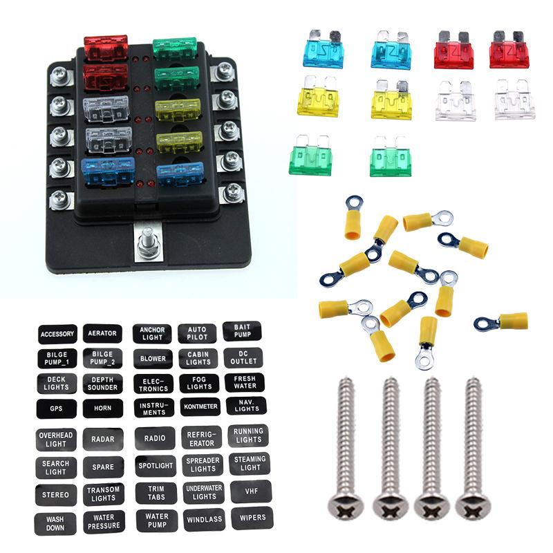 6, 8, 10, 12-контактный 30 А, 32 В, плоская плата предохранителей с предохранителем + светодиодный сигнальный фонарь для автомобилей/морских лодок/автомобилей/трехколесных мотоциклов, автомобильных запчастей