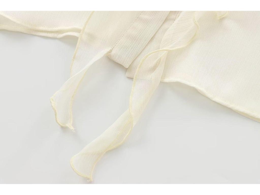 Women's White Ruffled Semi-Transparent Round Neck Tie Long Sleeve Layered Shirt - New French Autumn Design