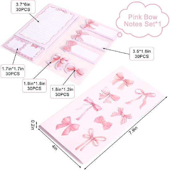 Coquette Pink Bow Sticky Note Set 8 Pads Bowknot Notepad Cute Preppy Writing Reminder Memo Pad Page for Annotating Back to School Office Classroom