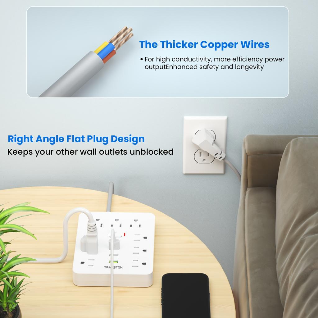 Розетка с защитой от перенапряжения, 9 розеток, 3 порта USB, удлинитель 5 футов, Быстрая зарядка, Для дома и офиса, Белый