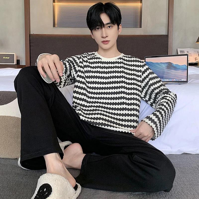 Мужской пижамный комплект Весна Хлопок Повседневная пижама Минималистский стиль Длинная домашняя одежда для отдыха Модная ночная одежда для мальчиков