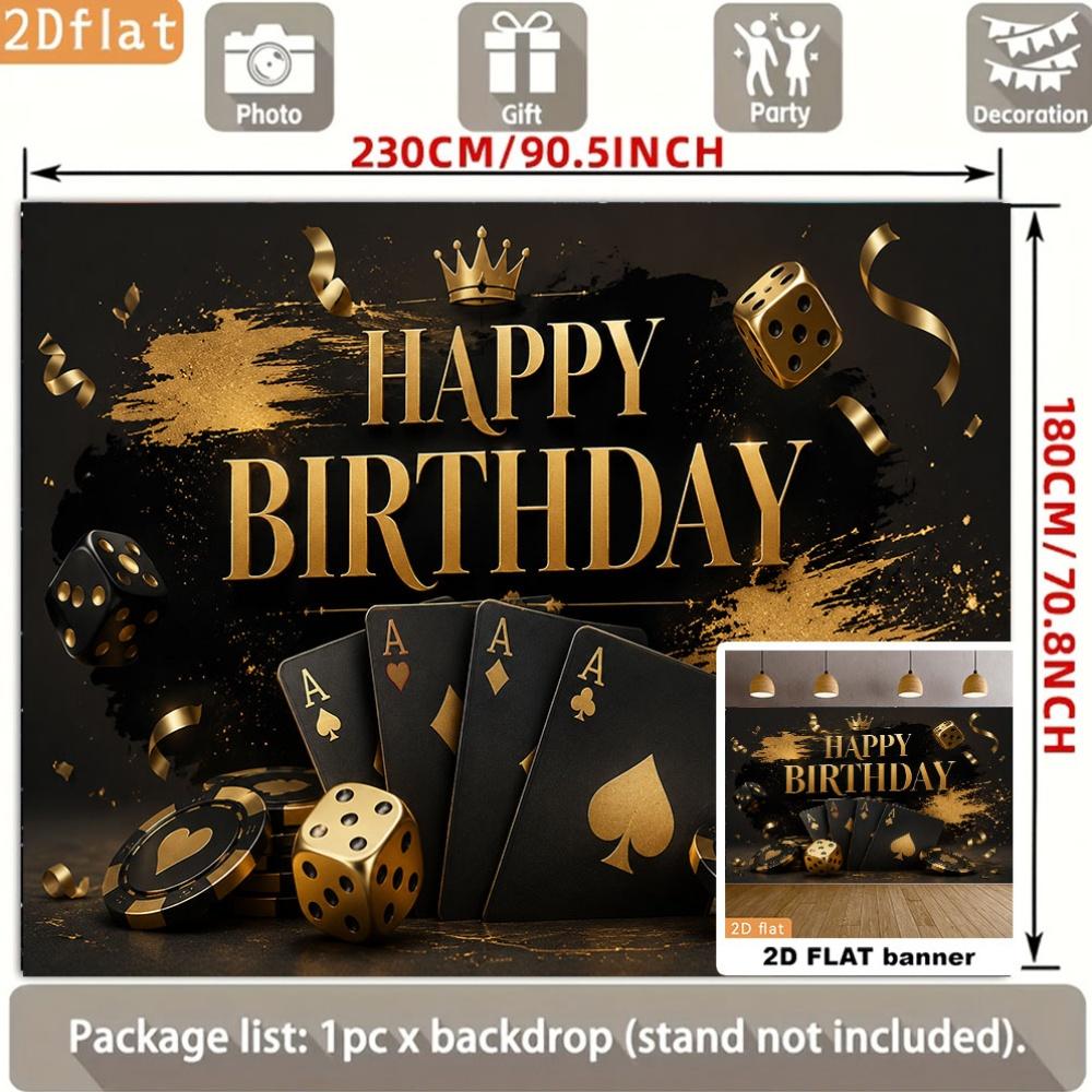 Happy Birthday Party Backdrop Banner, Black Gold Casino Poker Dice Crown Design, Polyester Photo Background for Indoor Outdoor Party & Home Decor