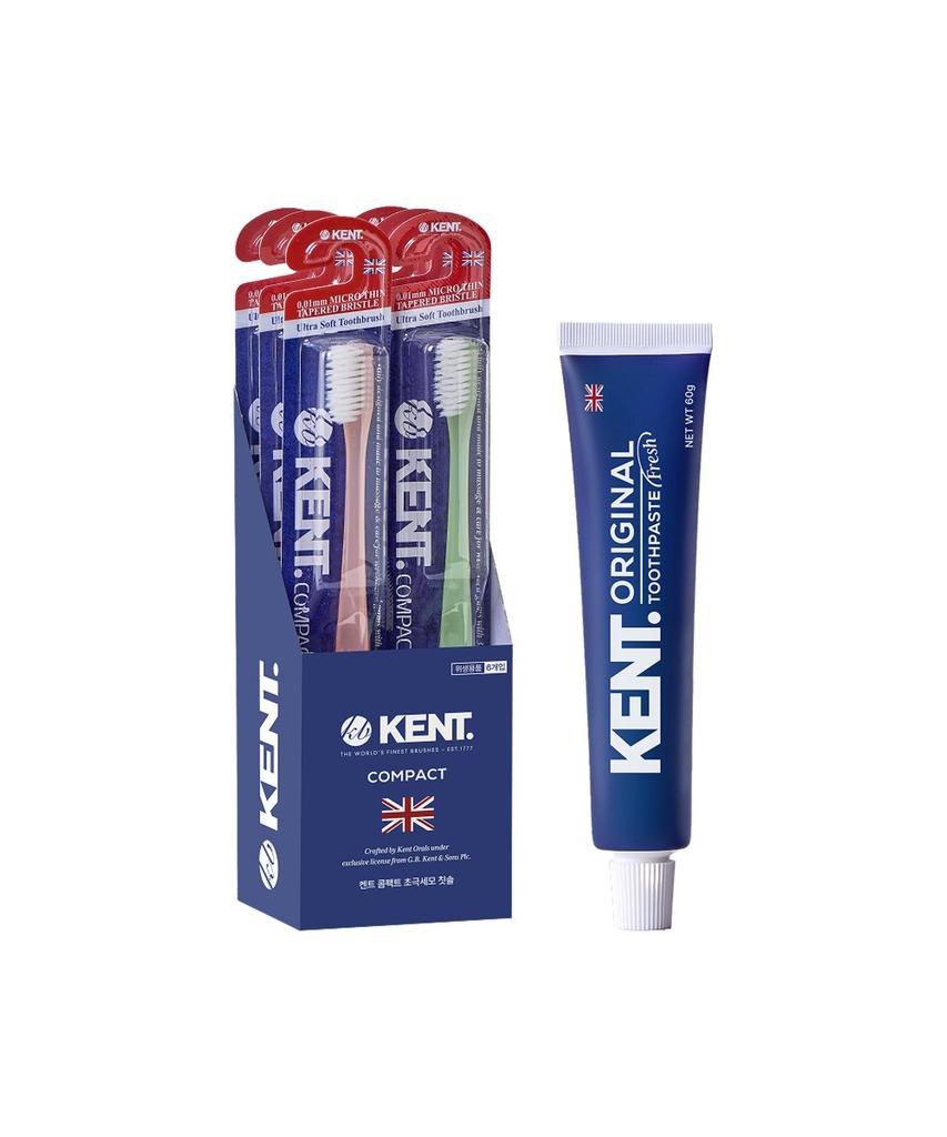 Kent Compact Toothbrush Soft Ultra-fine Bristle 6-Pack + Fresh Toothpaste 60g 1 Pack