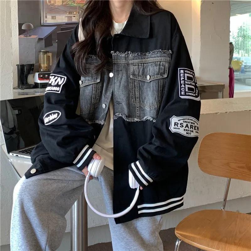 Женская американская ретро-куртка в стиле весны и осени в корейском стиле с вышивкой из денима в бейсбольном стиле