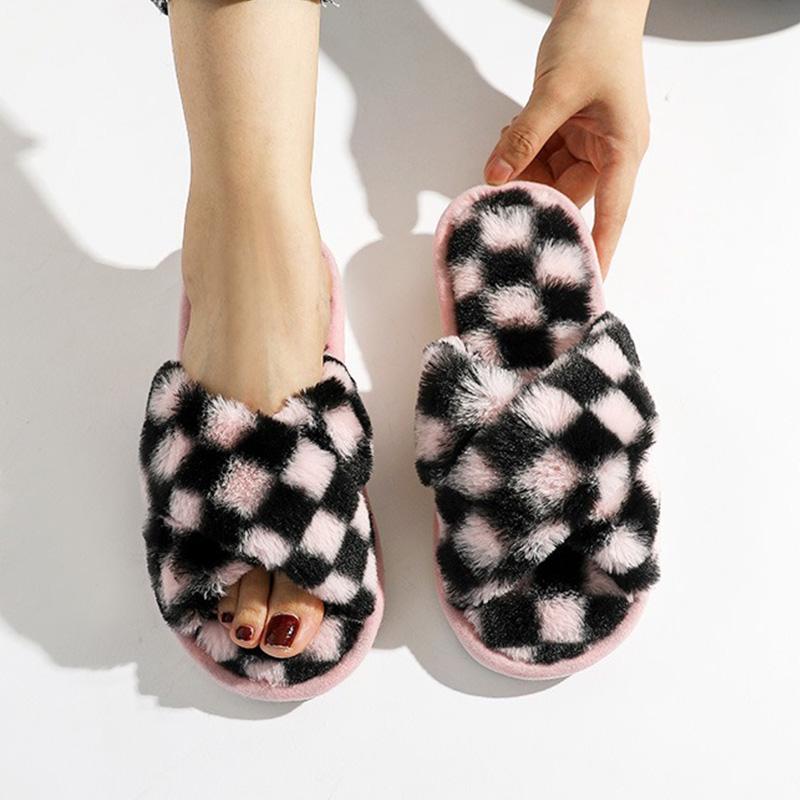 Клетчатые женские тапочки, осенняя мода, клетчатые крестообразные плюшевые тапочки, открытые носки, плоские домашние тапочки, фланелевые теплые домашние хлопковые туфли
