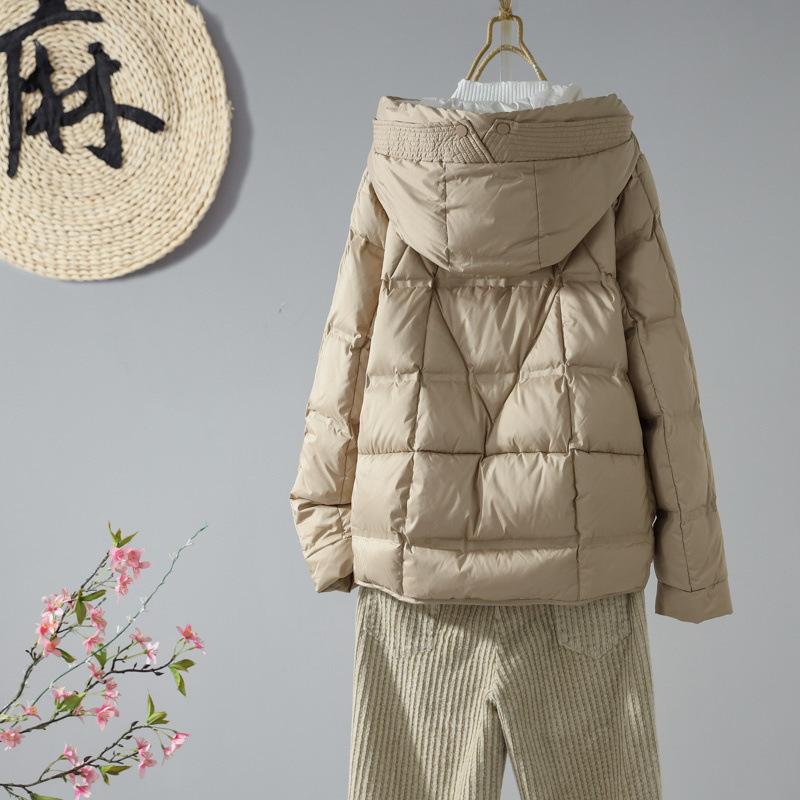 Light Down Jacket Women's Short Hooded Zipper Loose Straight Tube Autumn Winter White Duck Down Coat Solid Color