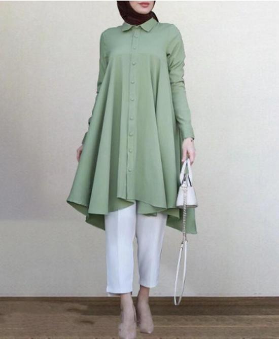 In-Stock Muslim Women's Solid Color Lapel Wrap Shirt: Long Sleeve, Button Placket, Swallowtail Hem
