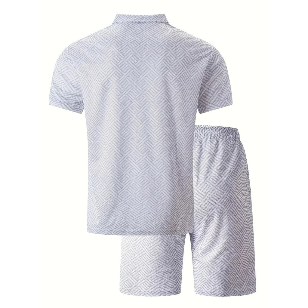 Мужской повседневный костюм с тропическим принтом - черная рубашка с коротким рукавом на молнии и белые шорты с карманами, полиэстер, машинная стирка