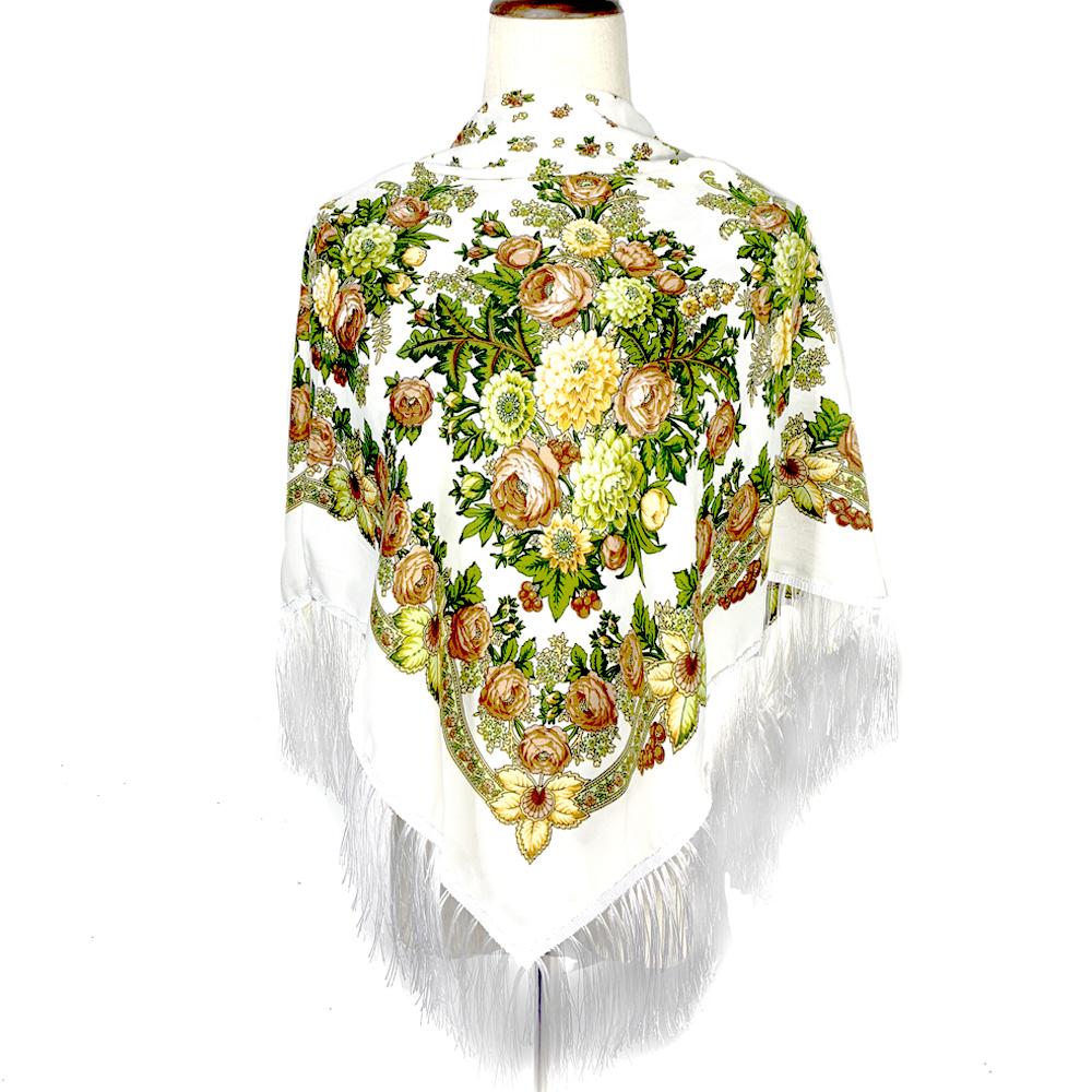 Women Retro Ukrainian Fringed Shawl Babushka Bandana Handkerchief Female Head Wraps Russian Floral Print Square Scarf