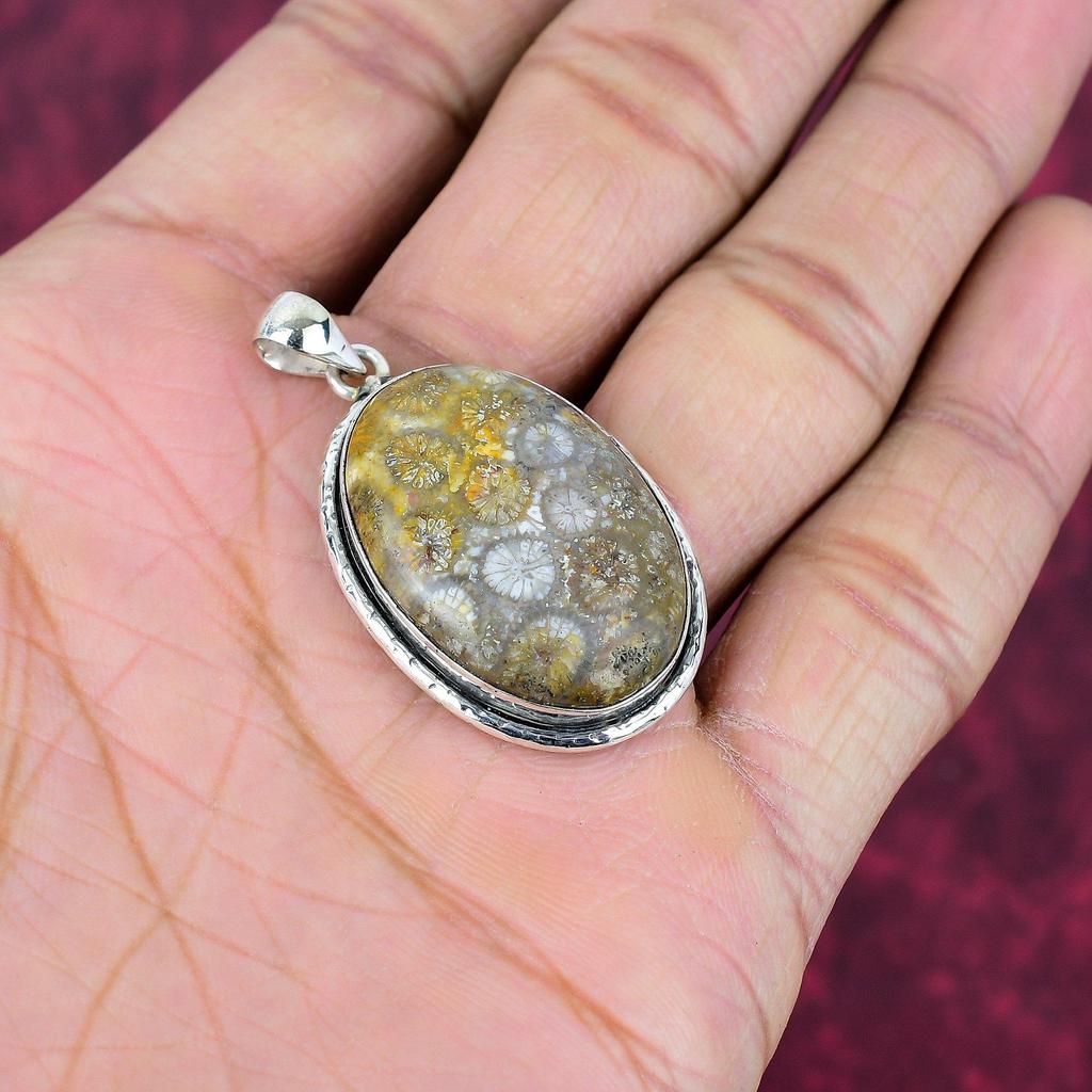 Подвеска из ископаемого коралла из стерлингового серебра 925 пробы, ювелирные изделия ручной работы с драгоценными камнями, подарки для жены, абсолютно новый ювелирный кулон