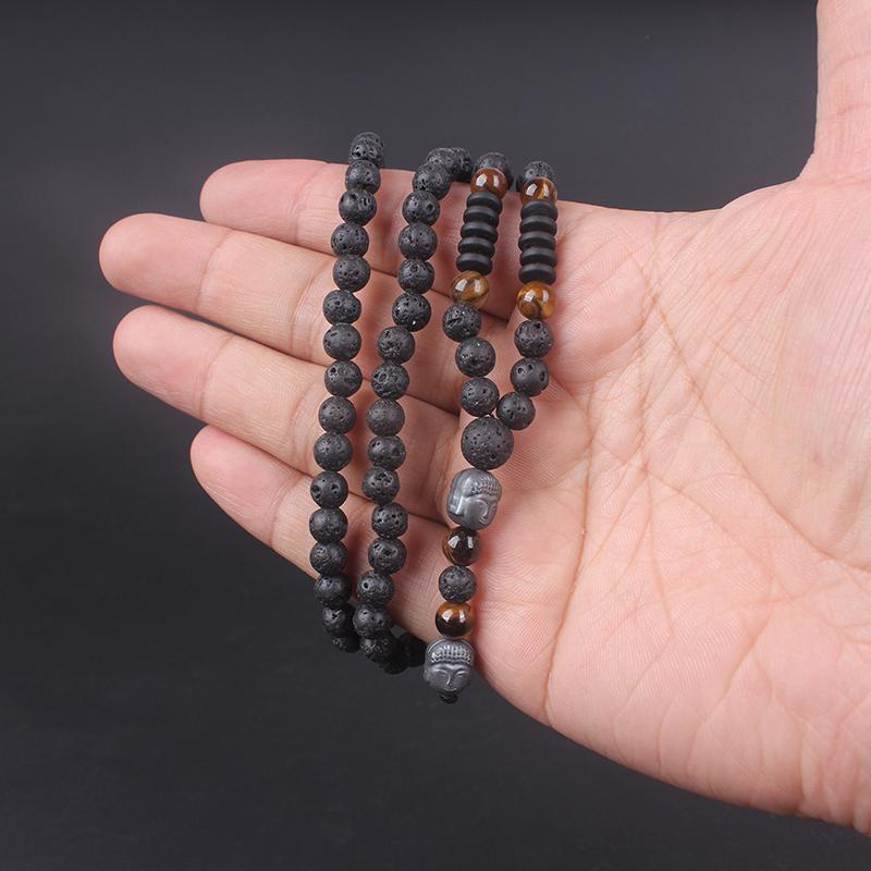 Новый винтажный натуральный камень тигровый глаз, черные бусины из лавы, кулон с головой Будды, ожерелье для мужчин, ювелирные изделия Hnadmade N012