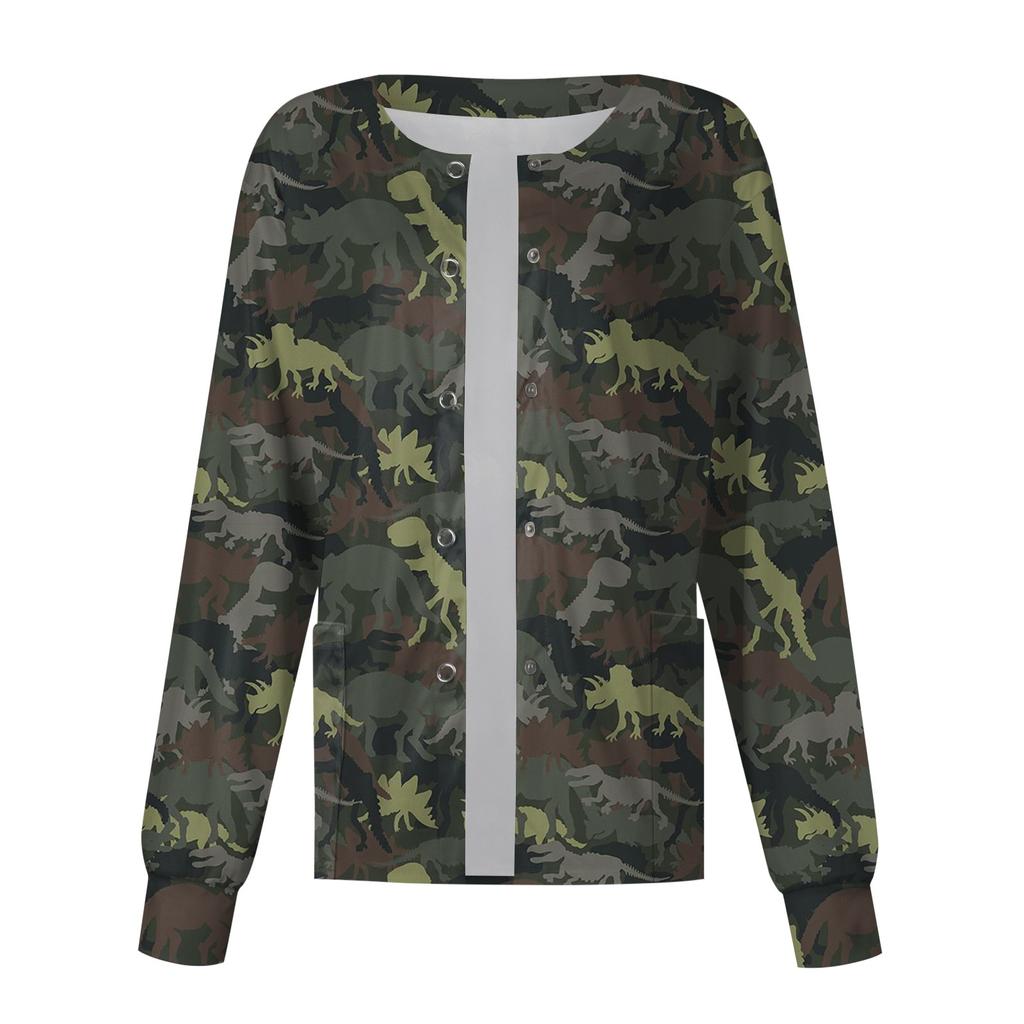 Женский однобортный защитный комбинезон с длинным рукавом и рисунком динозавра, карманный рабочий воротник-стойка, кардиган, куртка, топ