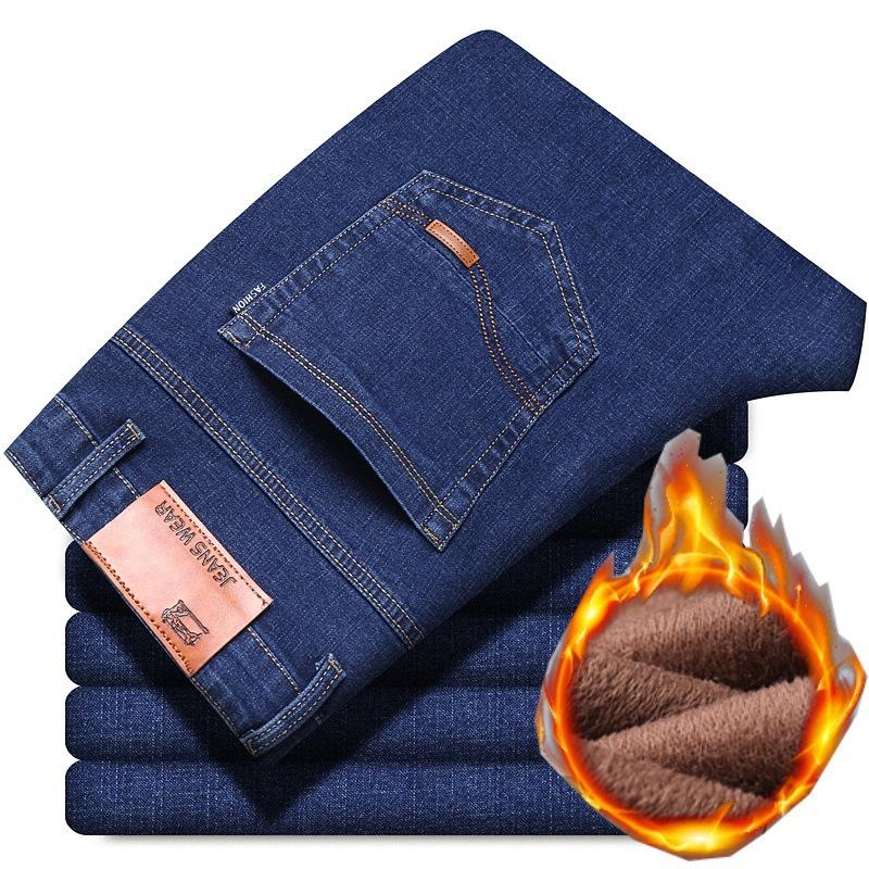 8 Types Of Blue And Black Autumn And Winter Men'S Jeans With Thick Fleece/Regular Optional Loose Straight Leg Casual Warm Outer Pants