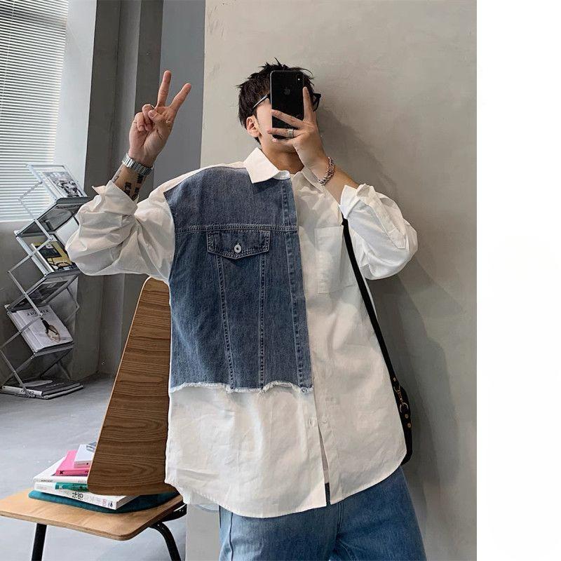 Рубашка с длинным рукавом в весенне-летнем стиле для мужчин, свободная, с контрастной цветной строчкой, джинсовая рубашка