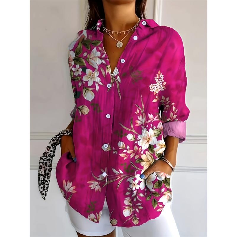 Summer Fashion Women's Lapel Shirt Big Size Button Long Sleeve Daily Weekend V Neck Tops Floral Printed Loose Casual Shirt