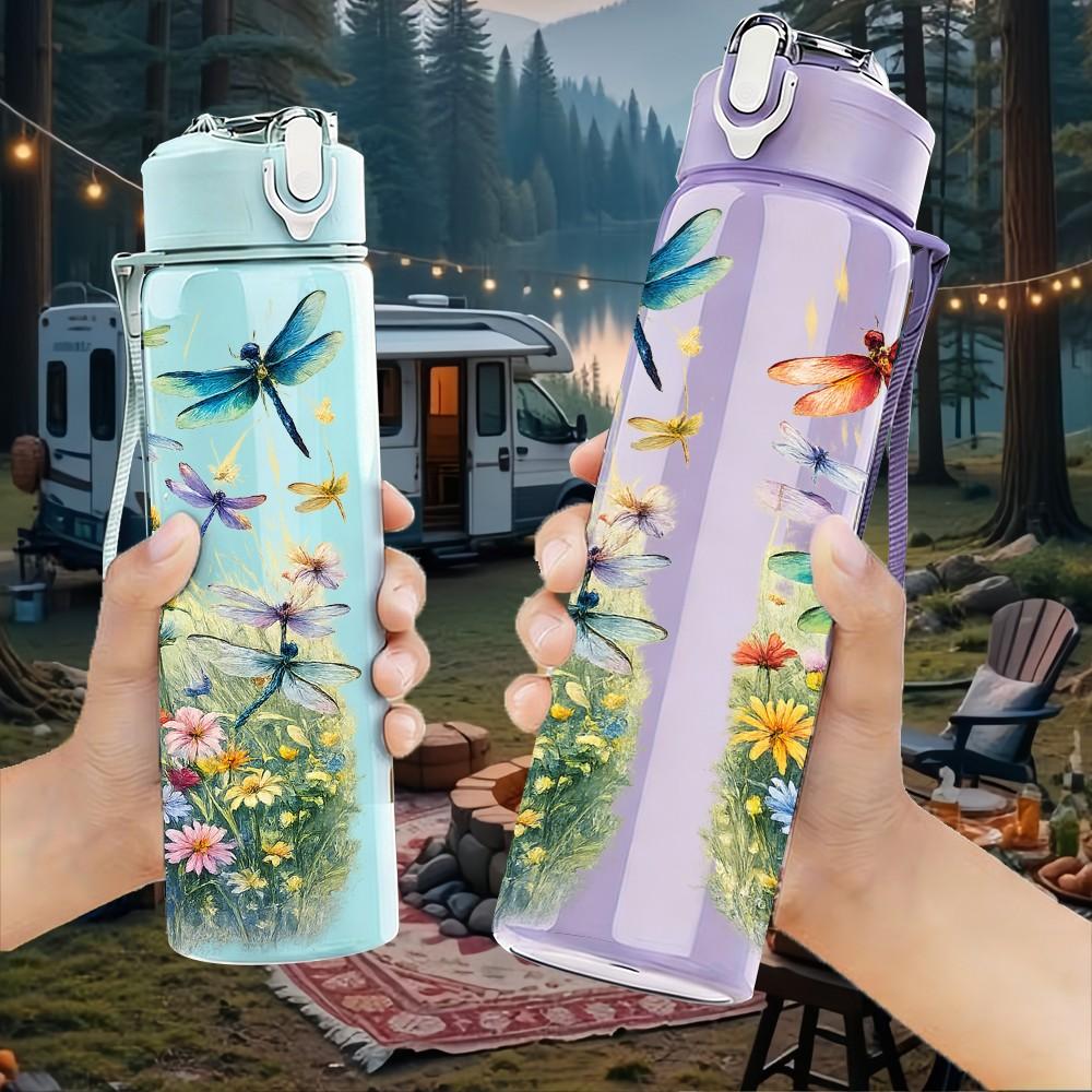 1PC Dragonfly Pond Watercolor Nature Print 750ml Color Plastic Sports Water Bottle Leakproof Flip Straw Lid Suitable for Sports Office Home Use
