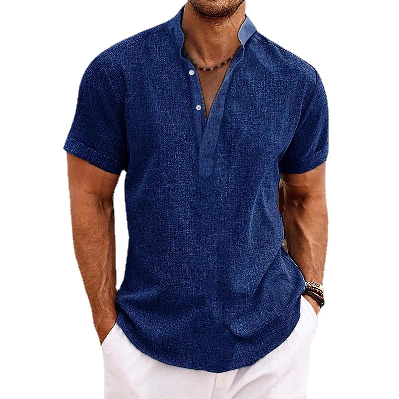 Men's Linen Shirts Short Sleeve Button Up Neck Stand Collar Casual Summer Home Daily Shirts