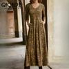 Autumn Cotton Printed V-Neck Pocket Long Sleeve Dress Women's Long Dresses