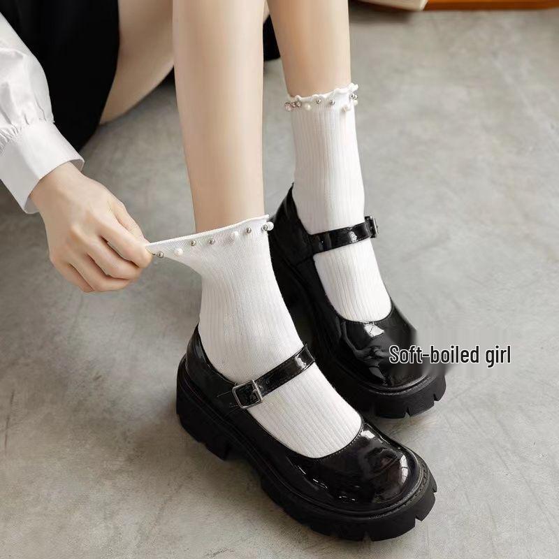 Детские хлопковые кружевные носки черного цвета с оборками по краю, длиной до середины икры, с жемчугом