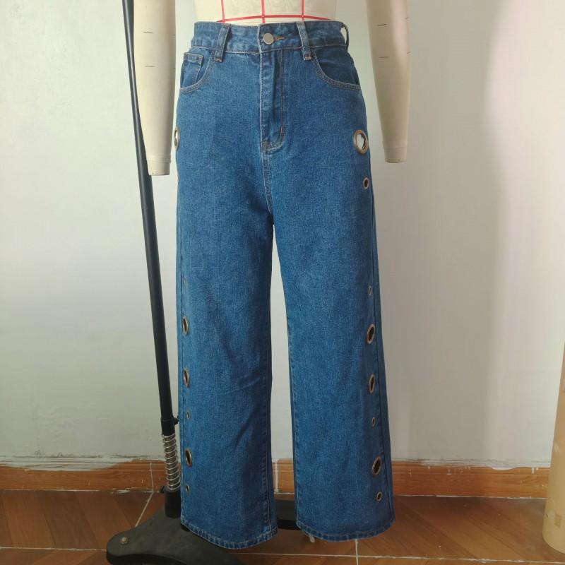 Womens High Waist Wide Leg Jeans Metal Eyelets Relaxed Fit Street Style Denim Pants