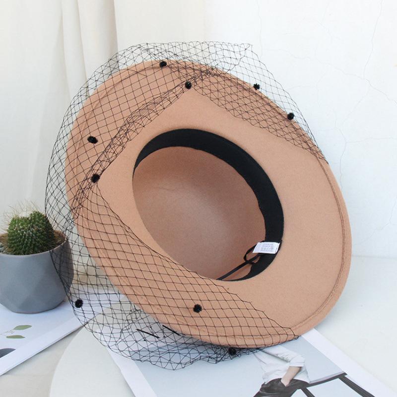 Autumn and winter Hepburn big brim woolen hat British retro felt hat mesh flower banquet top hat Hepburn style