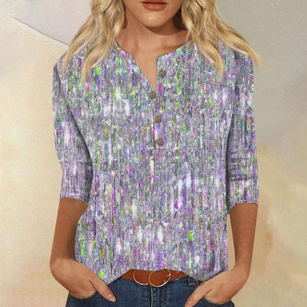 Женская мода с блестками и принтом с семью точками, рукавами и круглым вырезом, на пуговицах, топ