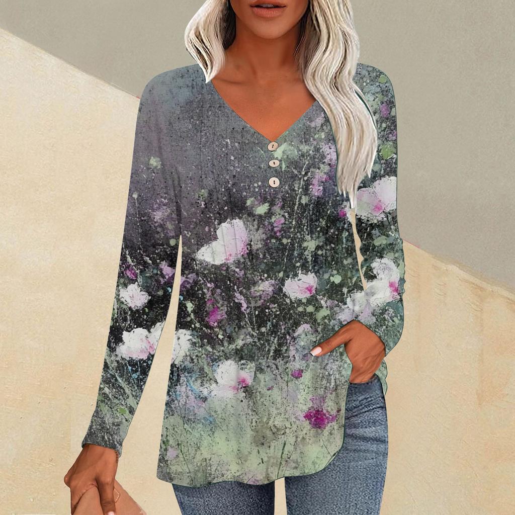 Женская модная повседневная плиссированная футболка с V-образным вырезом и растительным принтом, длинный рукав
